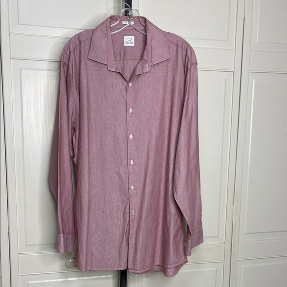 Oscar De La Renta Men’s Button Up Shirt 18 (34-35) Red Herringbone Dressy - Picture 1 of 14